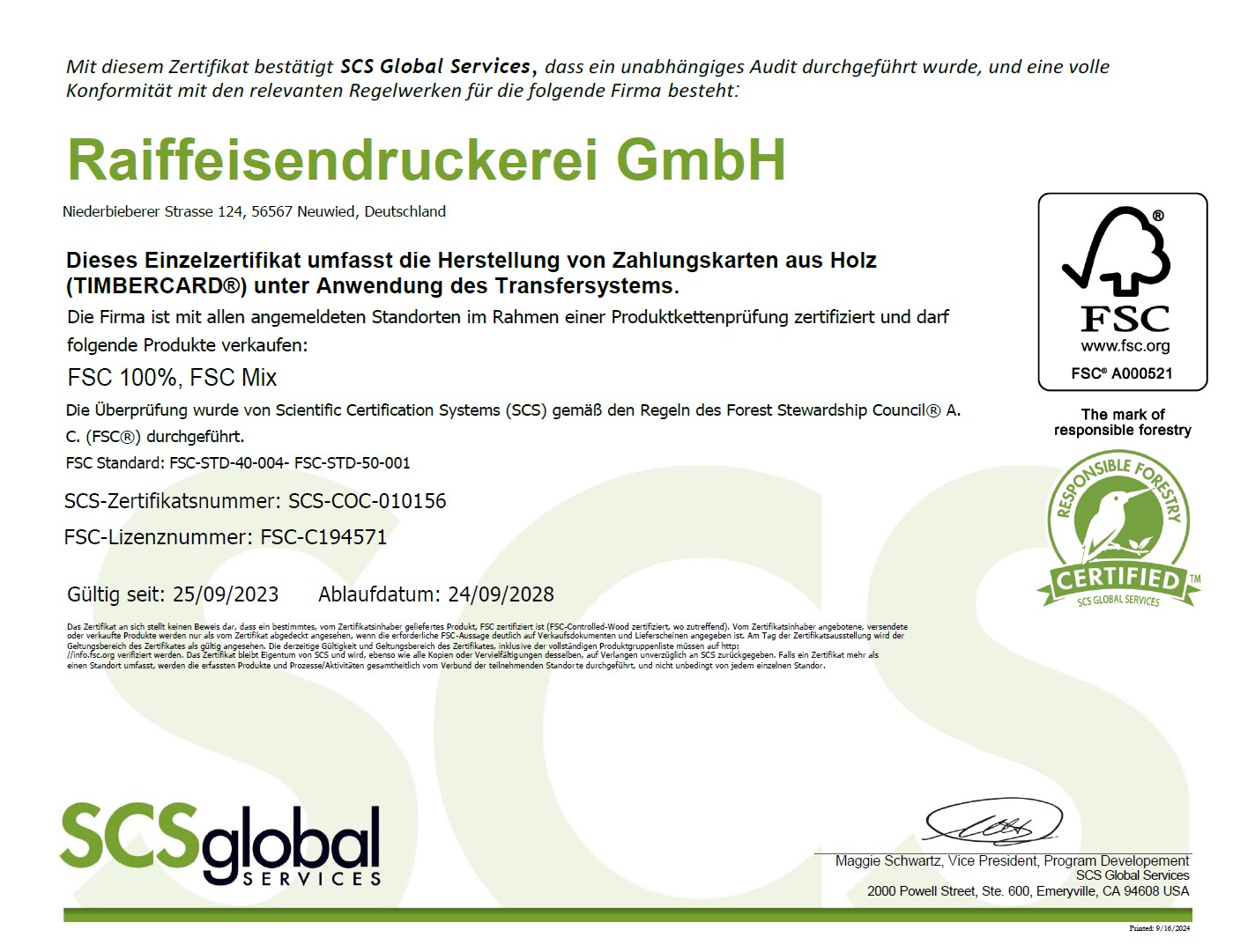 Zertifikat Raiffeisendruckerei GmbH 2024 FSC
